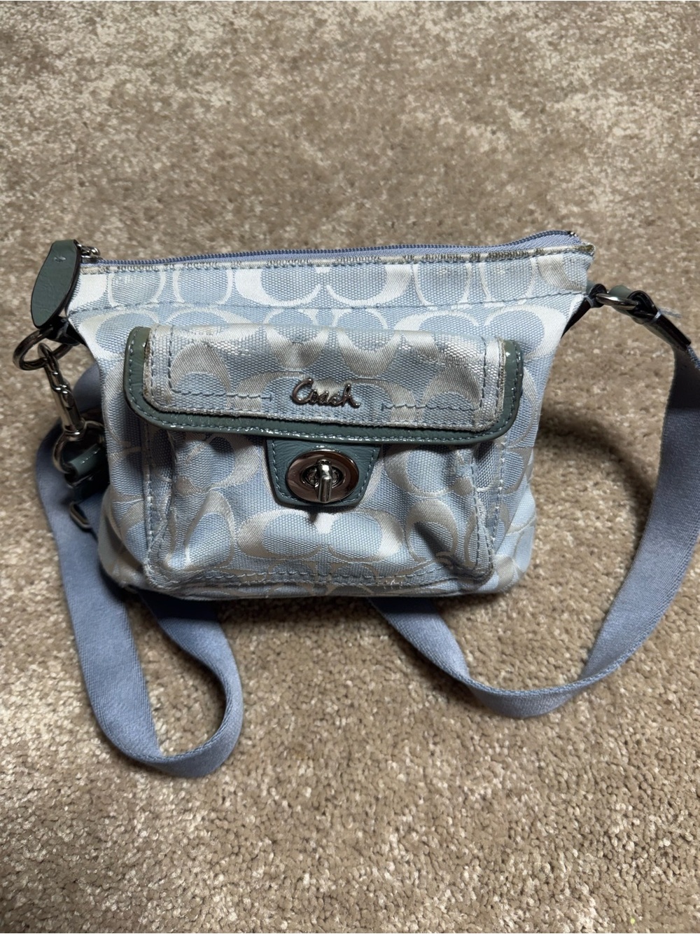 Coach Light Blue Signature Crossbody with Pale Blue Trim